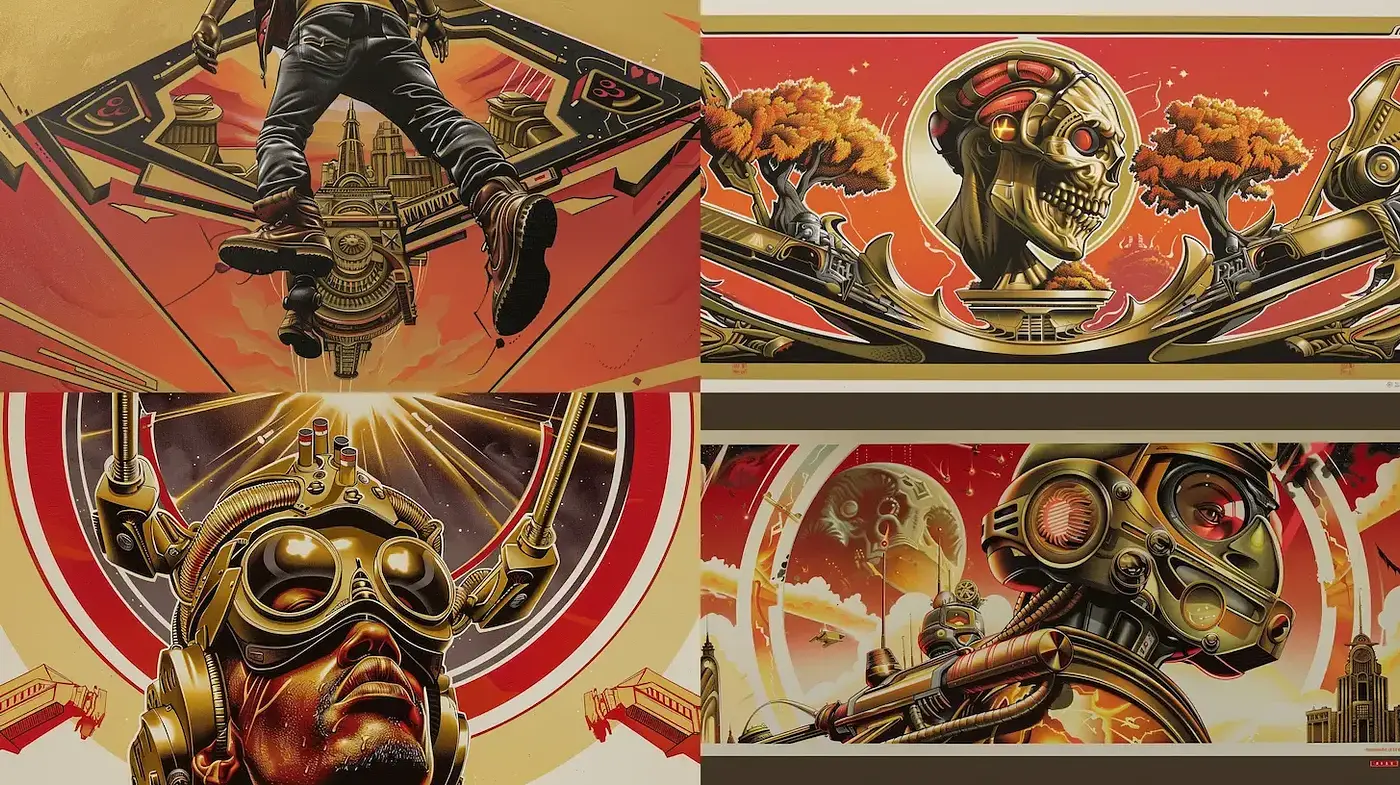 Dynamic Futuristic Aesthetic with Retro Influences Reflecting Steampunk and Sci-Fi Elements - Midjourney sref style