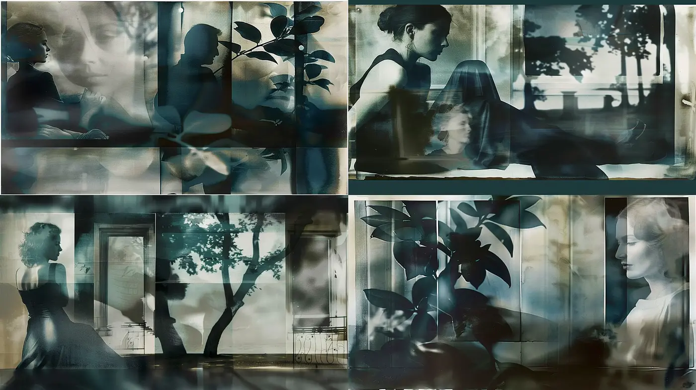Ethereal Cyanotype Dreams in Double Exposure - Midjourney sref style