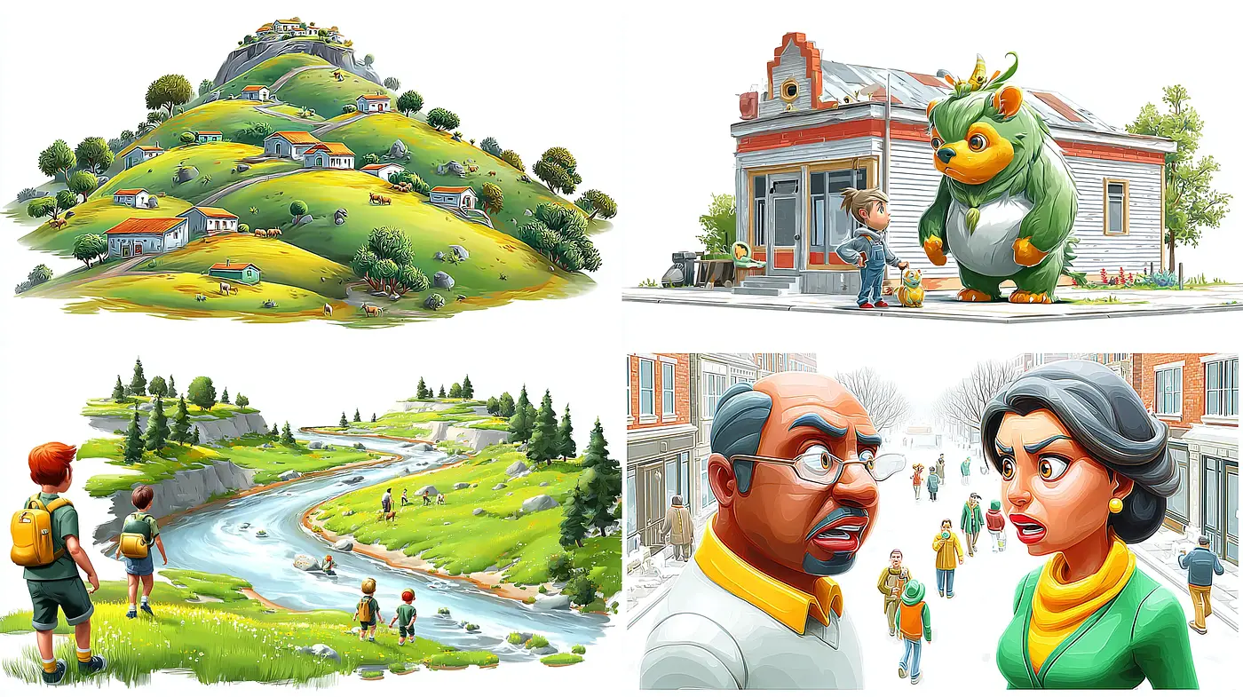 whimsical cartoon landscape with vibrant storytelling elements - Midjourney sref style