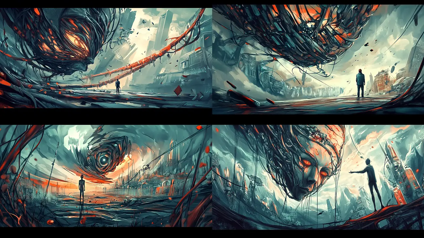 Dystopian Whirlwind: A Fusion of Turmoil and Tranquility in Brushwork - Midjourney sref style