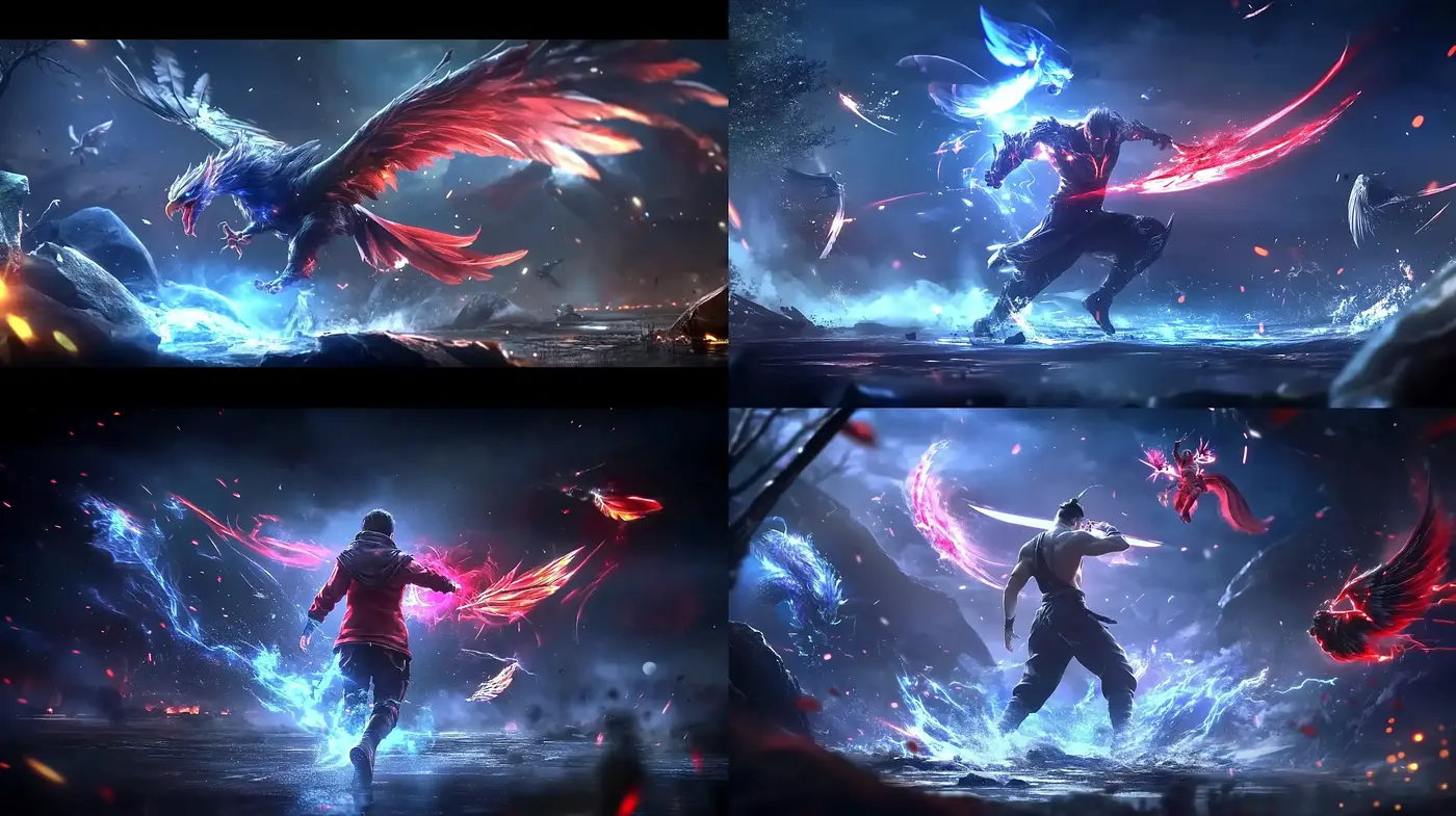 Epic Ethereal Neon Battle - Consistent Vibrant Fantasy Across Scenes - Midjourney sref style