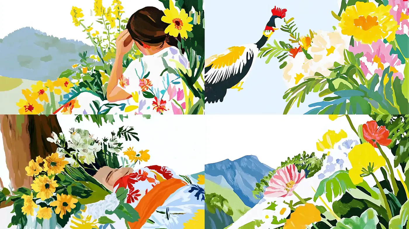 Vibrant Botanical Harmony: A Celebration of Color and Nature in Brushstroke Impressions - Midjourney sref style