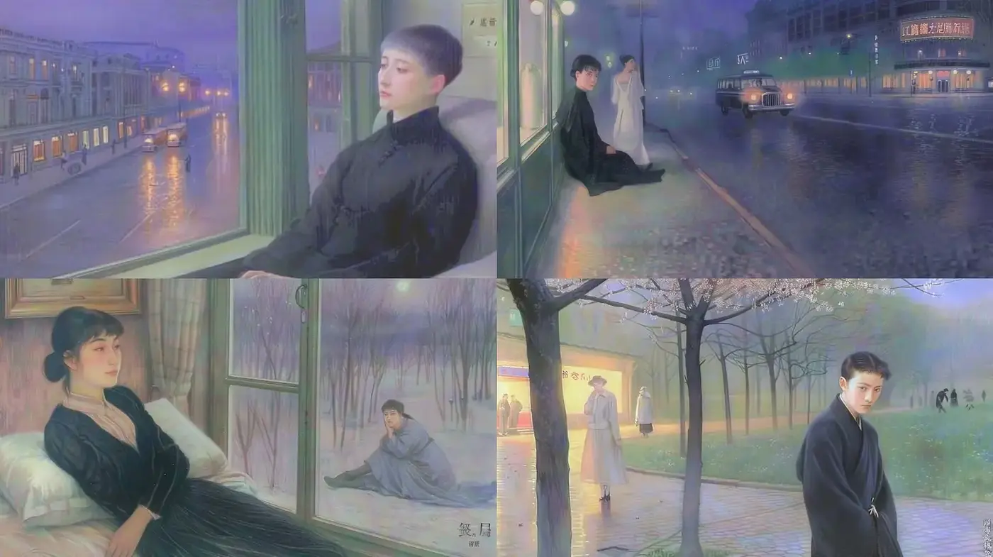 Ethereal, nostalgic scenes with a touch of melancholic elegance - Midjourney sref style
