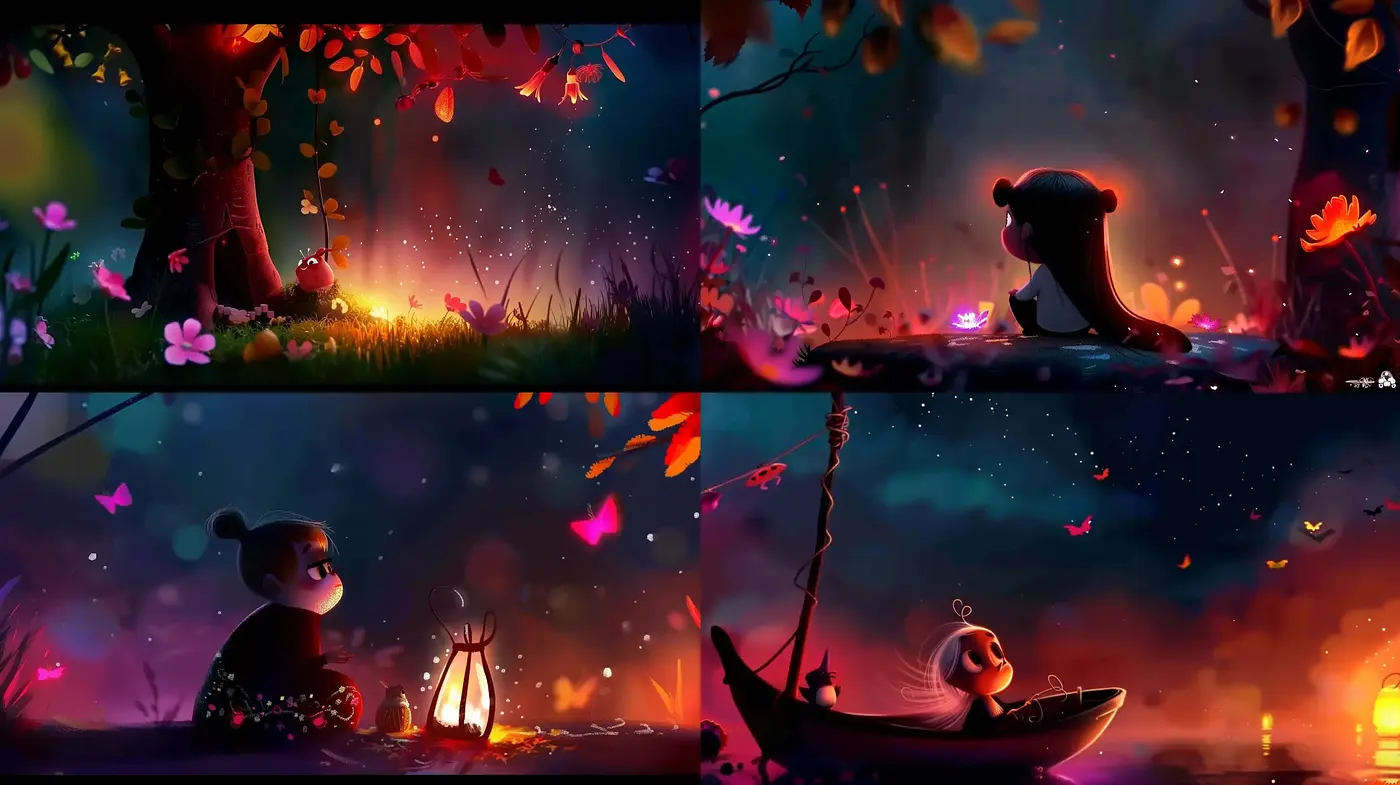 Enchanted Twilight Abloom: A Dreamscape of Luminous Flora and Fauna - Midjourney sref style