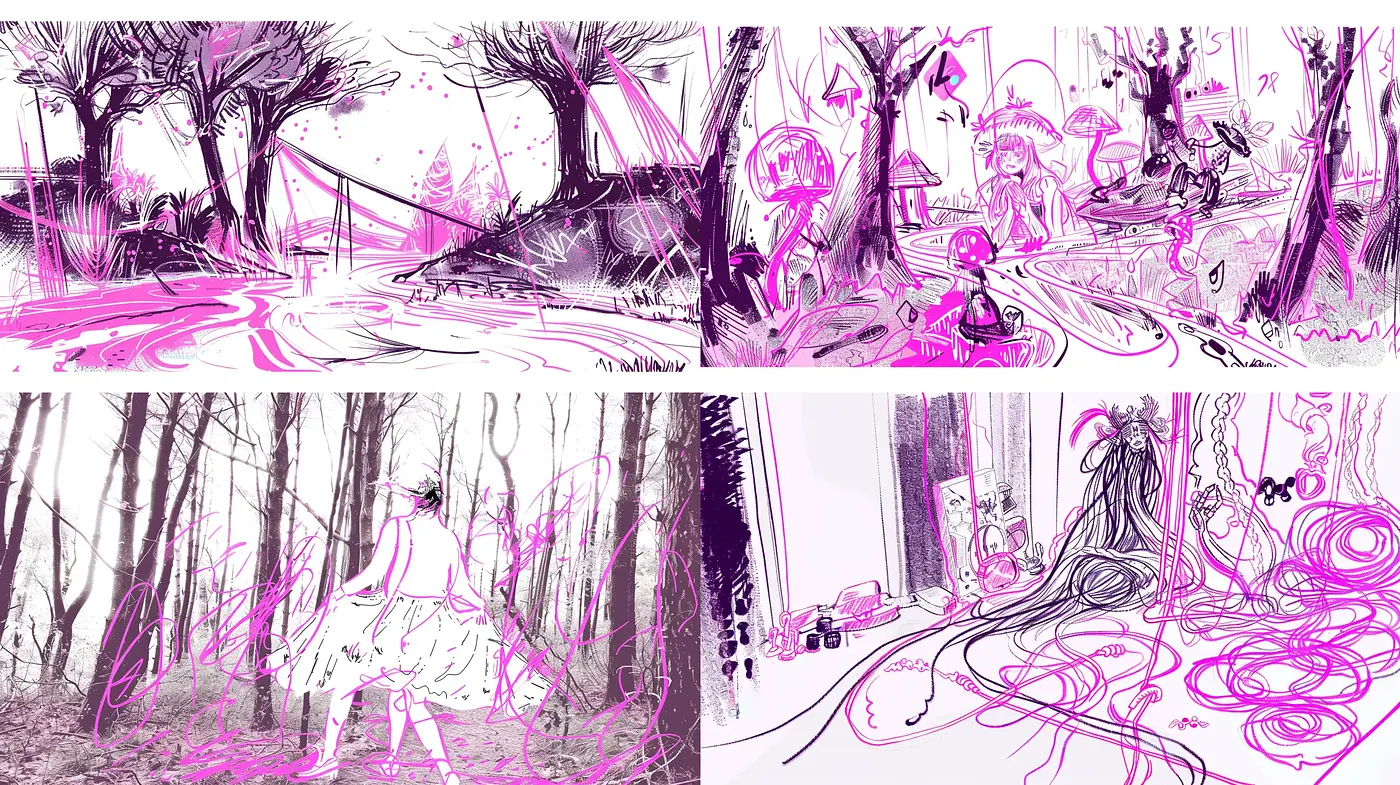 Whimsical Violet Sketches: A Consistent Exploration of Stylized Illustration - Midjourney sref style