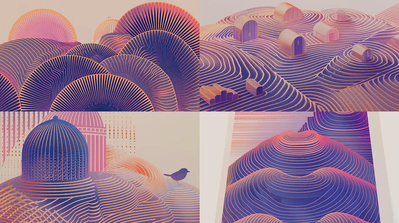 Harmonious blend of surreal landscapes with intricate lines and textures - Midjourney sref style