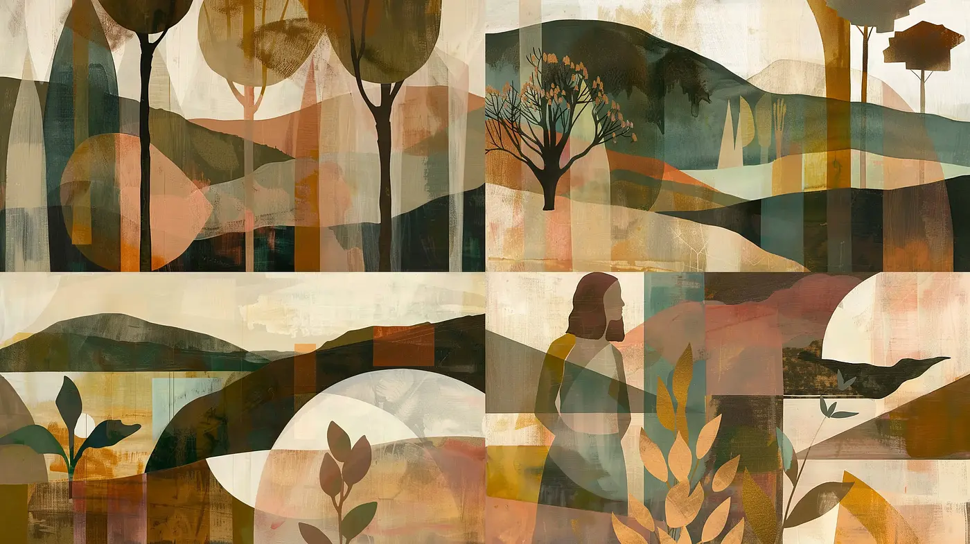 Harmonious Patchwork of Serenity: A Tapestry of Earth Tones and Organic Shapes - Midjourney sref style