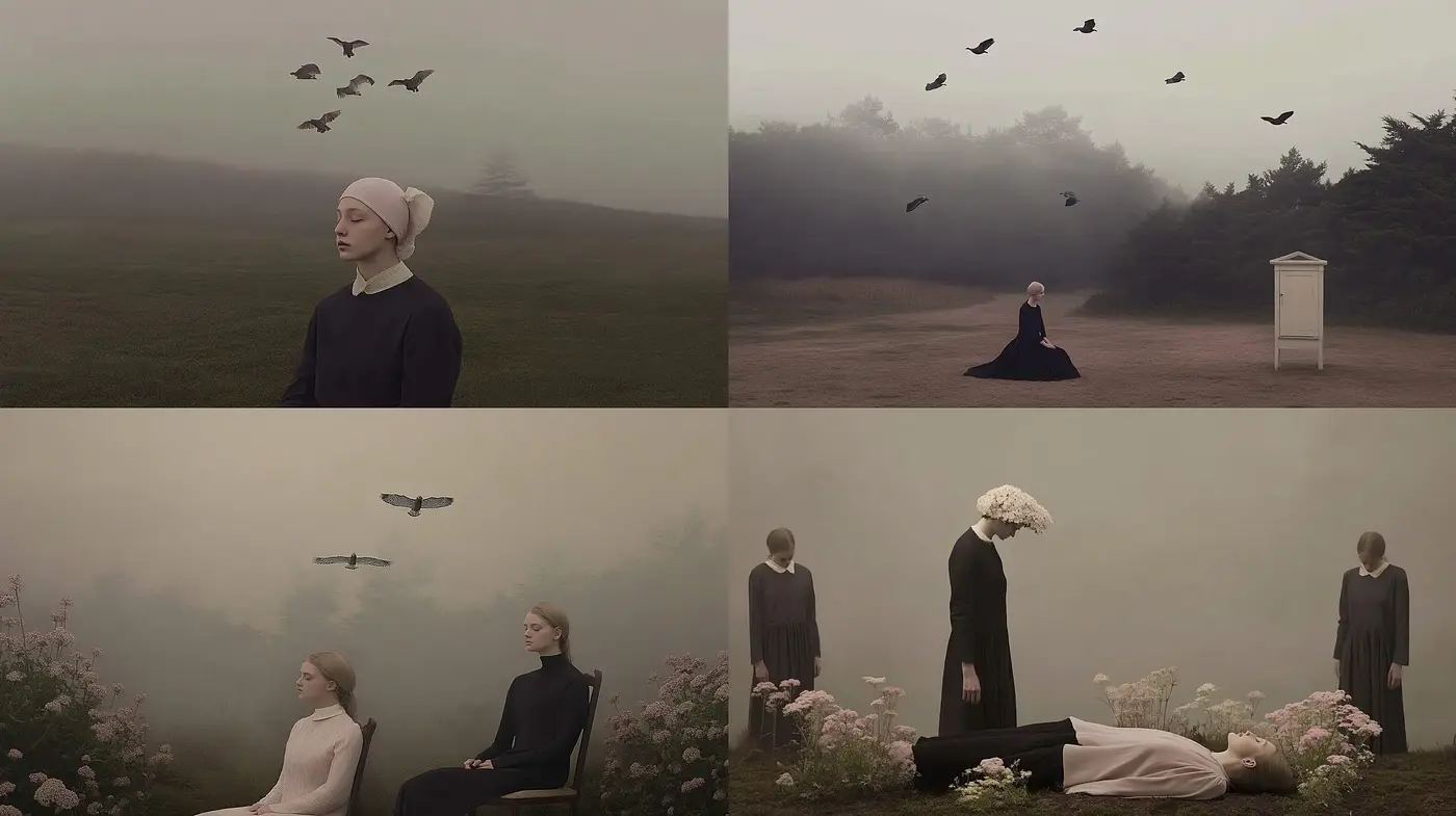 Serene Solitude: Evoking Contemplation through Misty Dreamscape Tableaus - Midjourney sref style