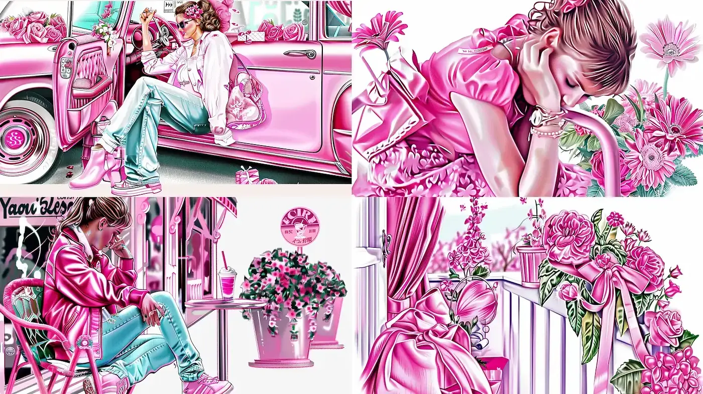 Vibrant Pink Aesthetic with Floral Elements and Retro Influences - Midjourney sref style