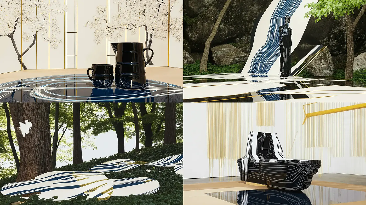 Tranquil Reflections in Monochrome and Gold Elegance - Midjourney sref style