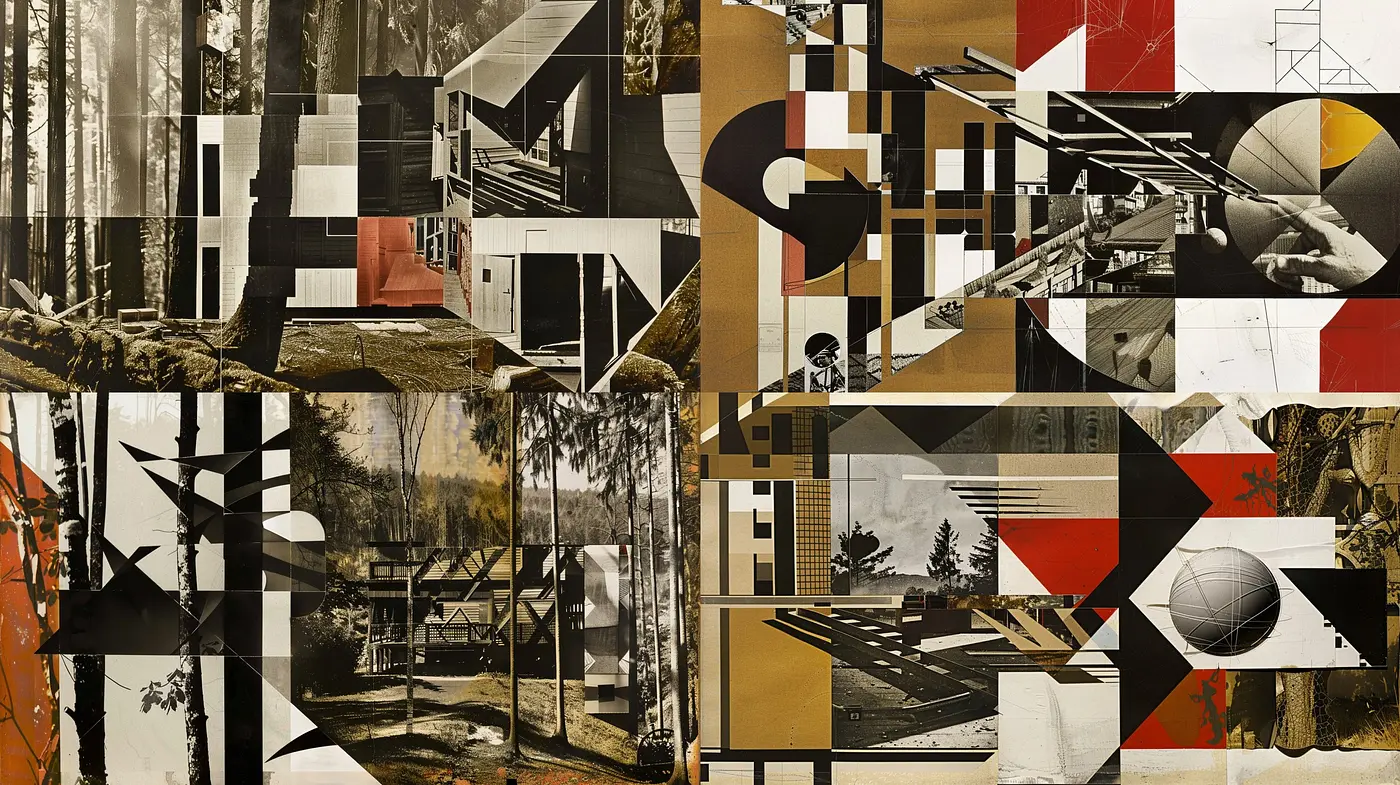 Synchronicity of Sepia: A Collage of Geometric Abstraction and Photographic Nostalgia - Midjourney sref style