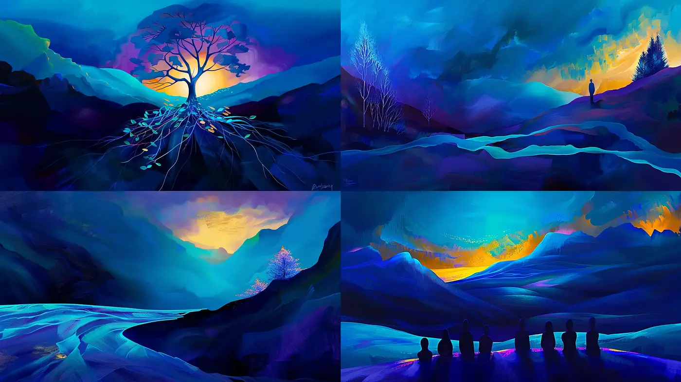 Luminescent Dreamscapes: A Harmonious Blend of Midnight Blues and Sunset Hues - Midjourney sref style