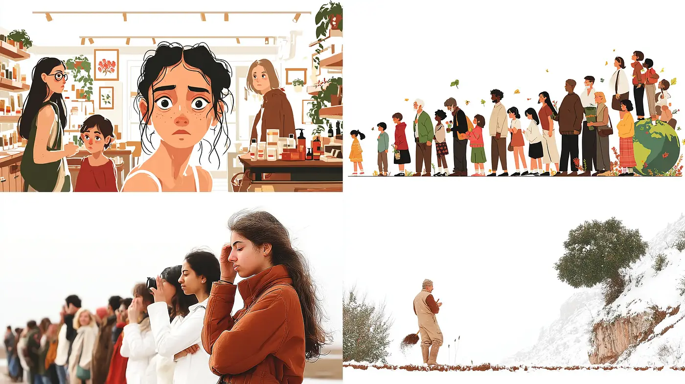 Collective Human Experience Through a Vividly Illustrated Lens - Midjourney sref style