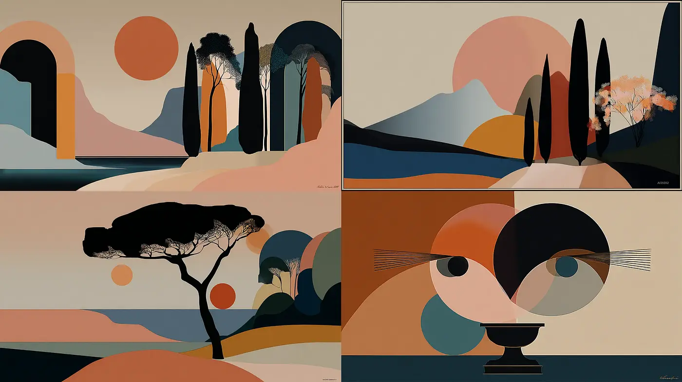 Stylized Geometric Landscapes with a Modernist Touch - Midjourney sref style