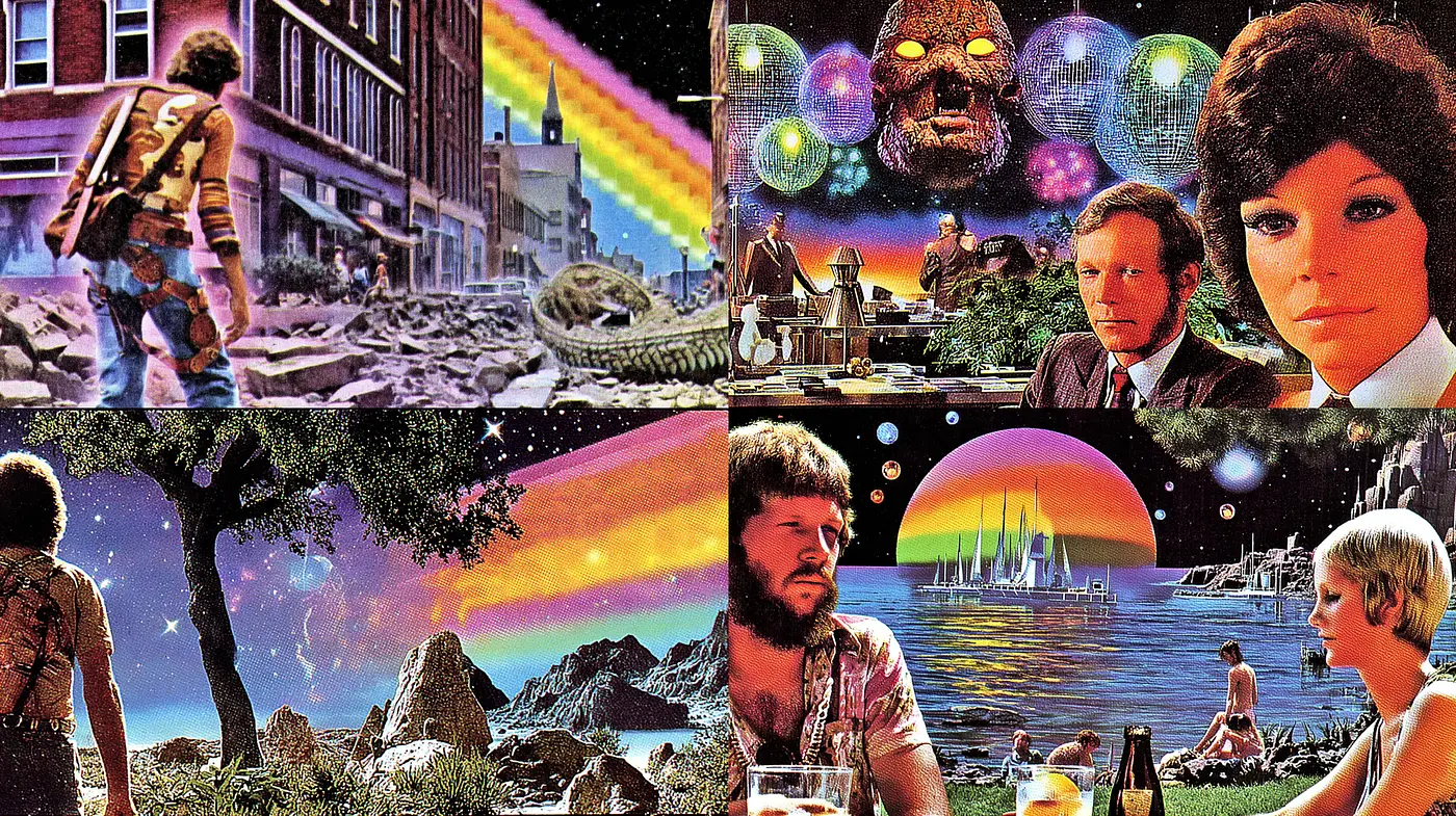Psychedelic Retro Collage with Surreal Elements and Dark Undertones - Midjourney sref style