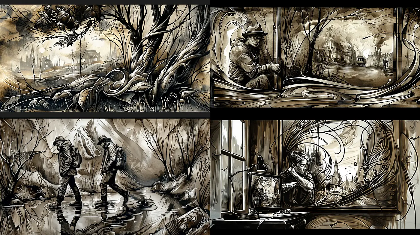 Monochromatic Whimsy: A Dance of Shadows and Swirls in Sepia - Midjourney sref style