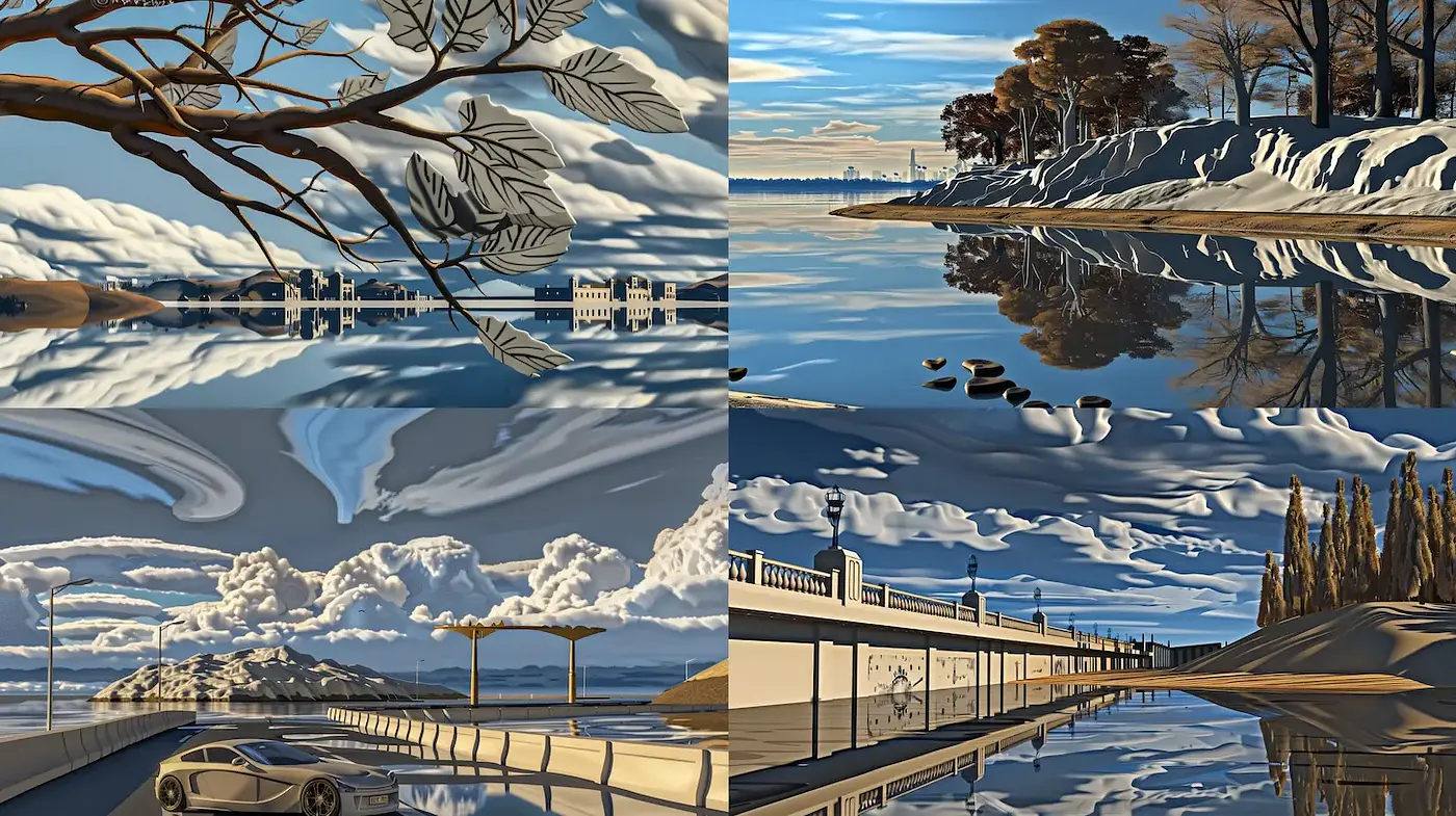 Serene and Reflective Landscapes with a Touch of Minimalism - Midjourney sref style
