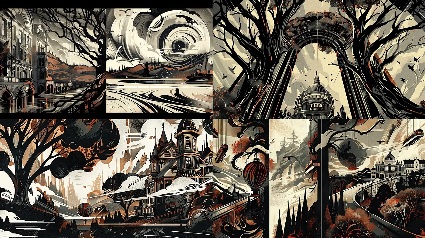 Stylized Whirlwind Noir - An Artistic Homage to Dramatic Contours and Contrast - Midjourney sref style