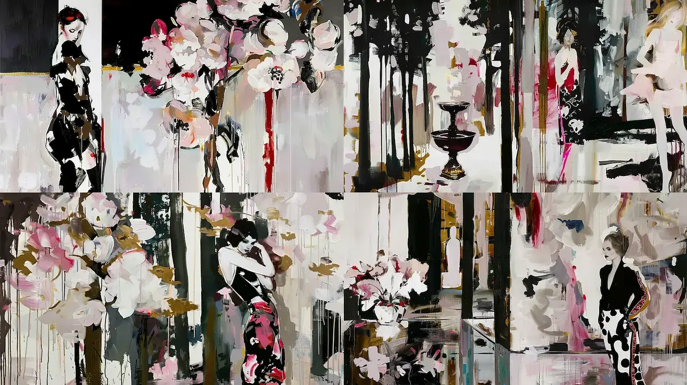 Elegant and Abstract Expressionism with Floral Motifs - Midjourney sref style