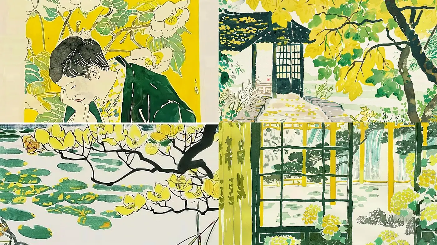 Harmonious Botanical Hues and Japanese Woodblock Impressions - Midjourney sref style