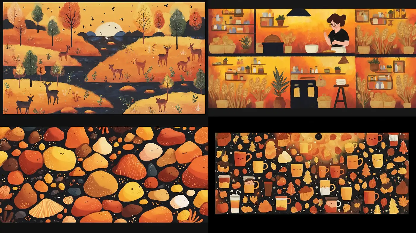 Warm and Inviting Autumn-Themed Illustrations Emphasizing Nature and Domestic Life - Midjourney sref style