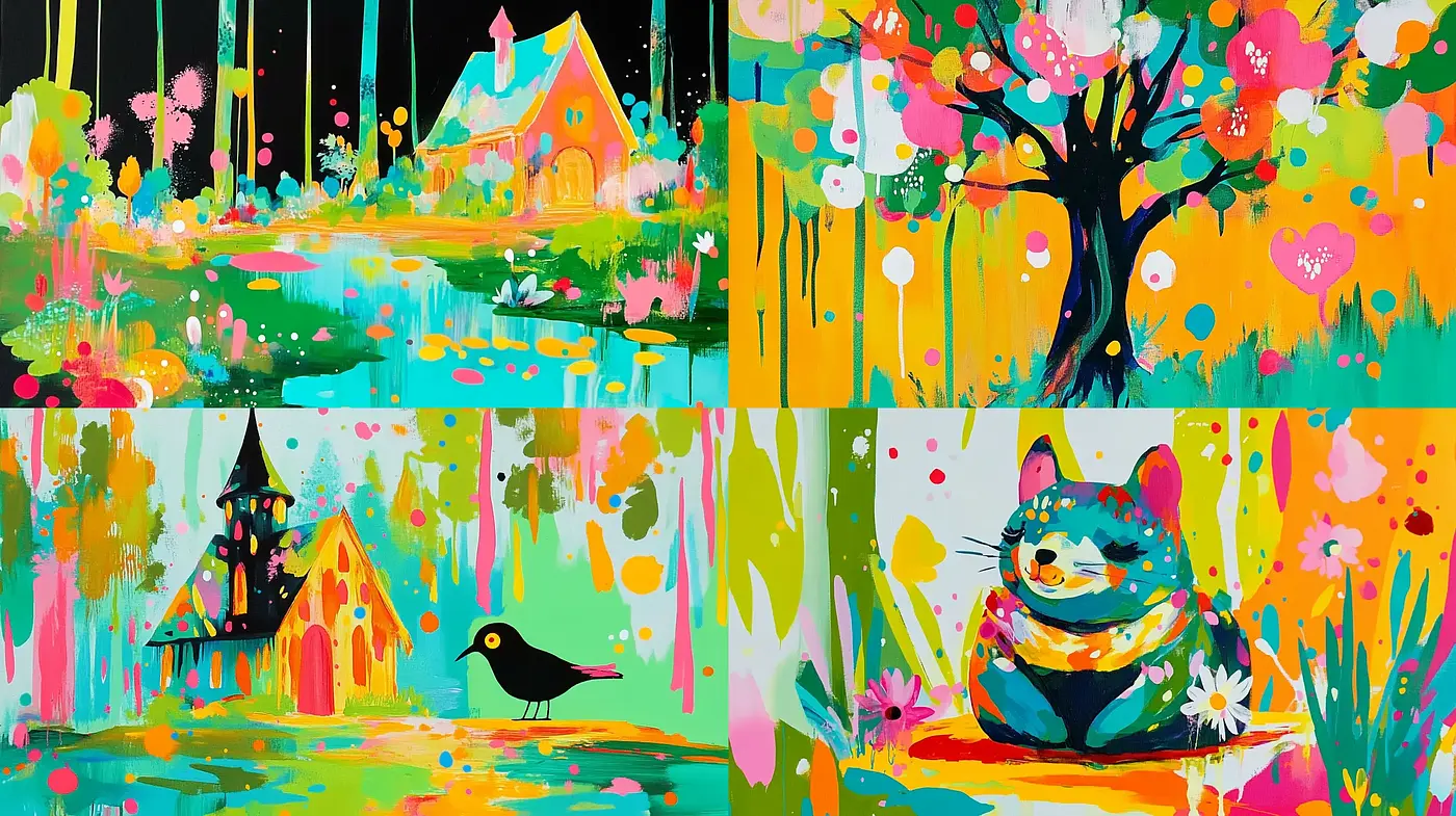 Vibrant Expressionist Mosaic of Nature and Whimsy - Midjourney sref style