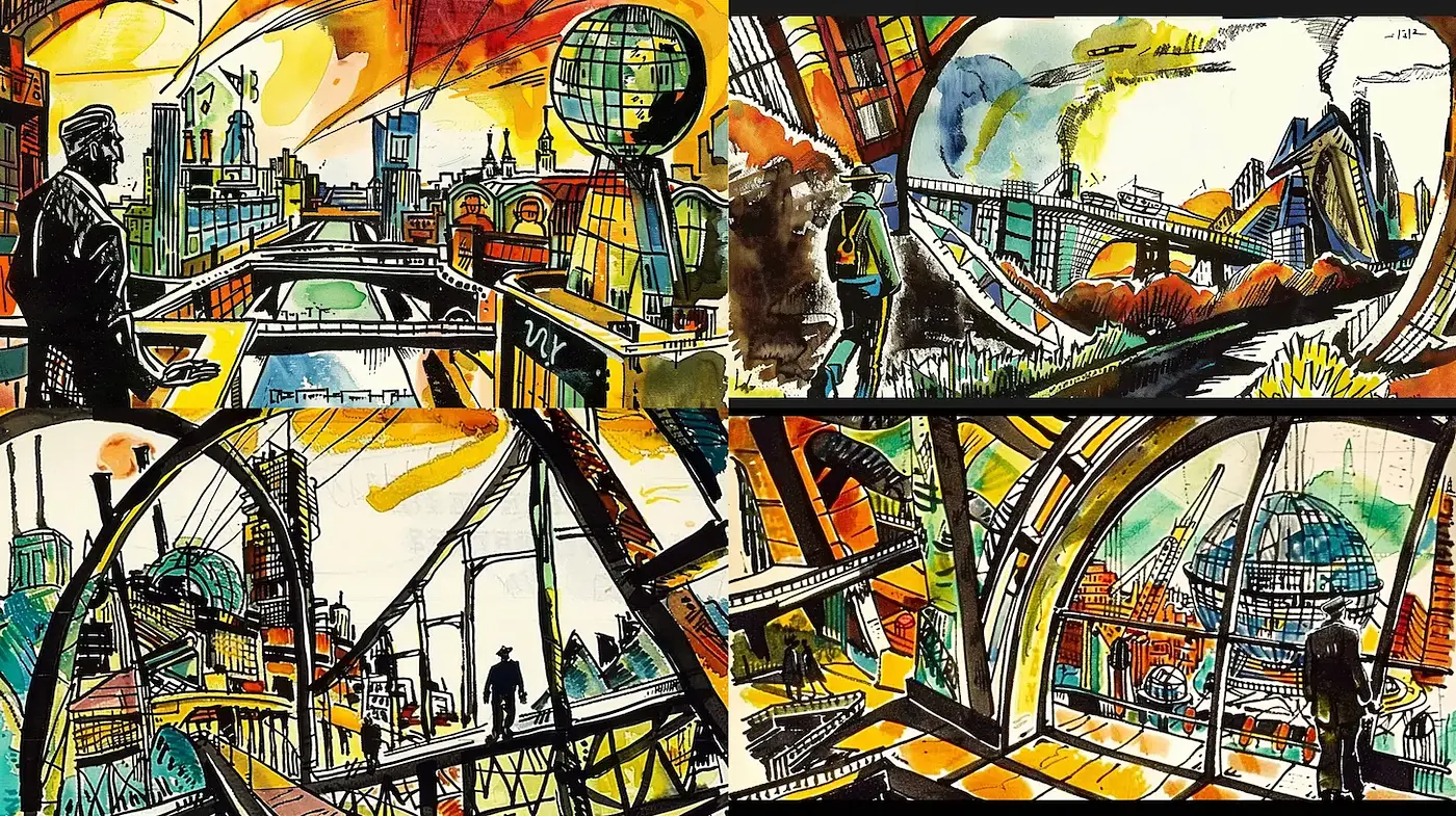 Vivid Industrial Urban Landscapes with Graphic Novel Influence - Midjourney sref style