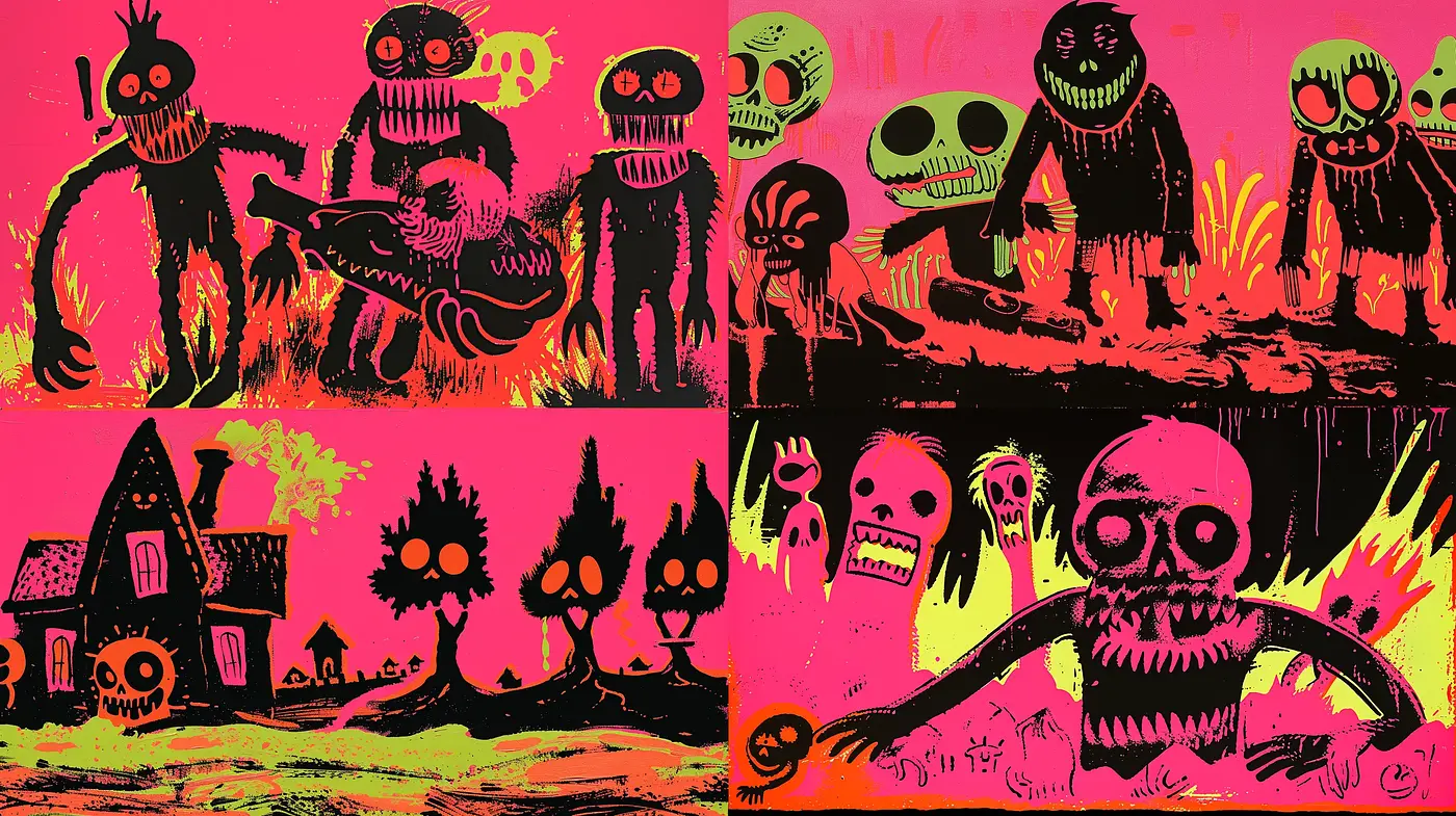 Spectral Neon Grotesque: A Vivid Dance of Macabre Silhouettes - Midjourney sref style