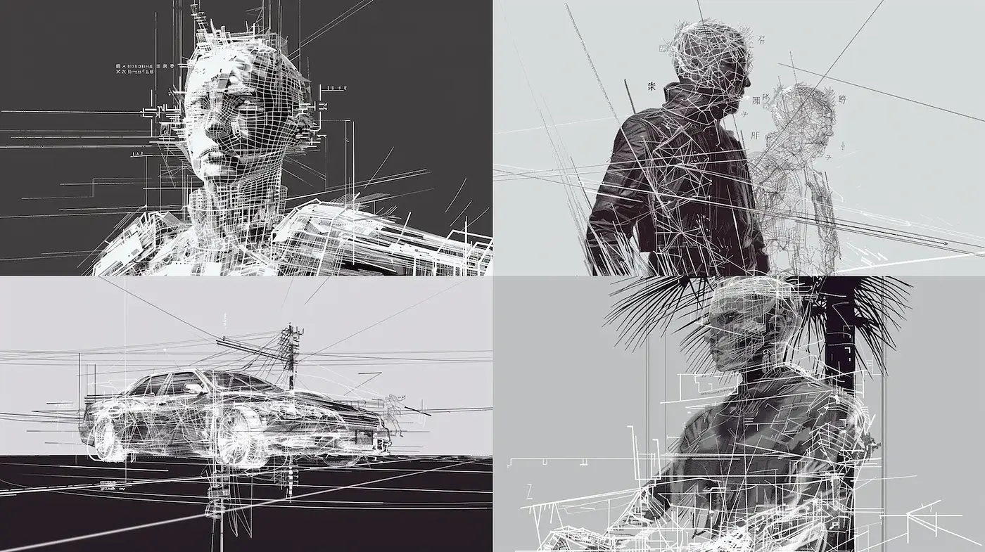 Futuristic digital abstraction with a cybernetic aesthetic - Midjourney sref style