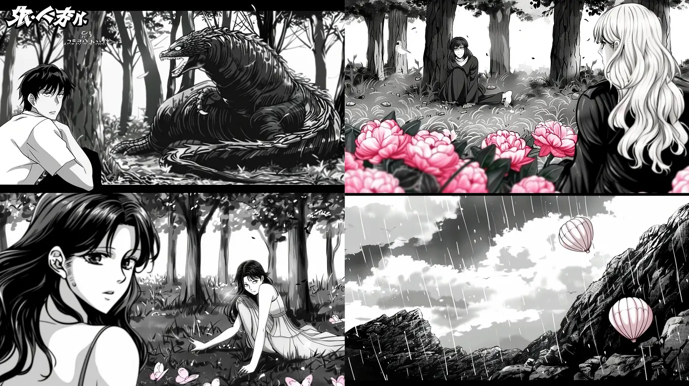 Monochromatic Tales: A Homage to Ink and Manga Illustration - Midjourney sref style