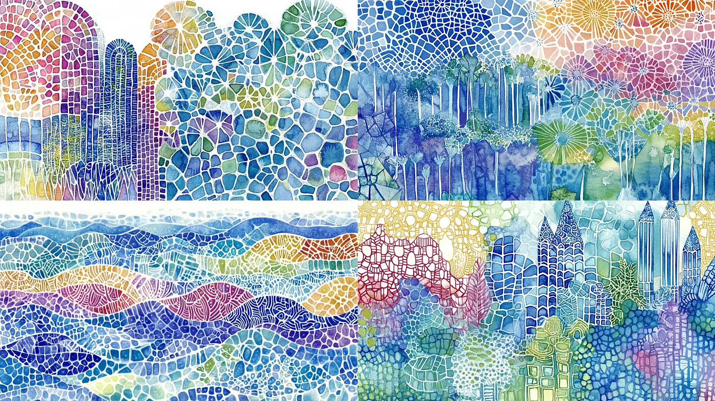 Mosaic Watercolor Dreamscape - Midjourney sref style