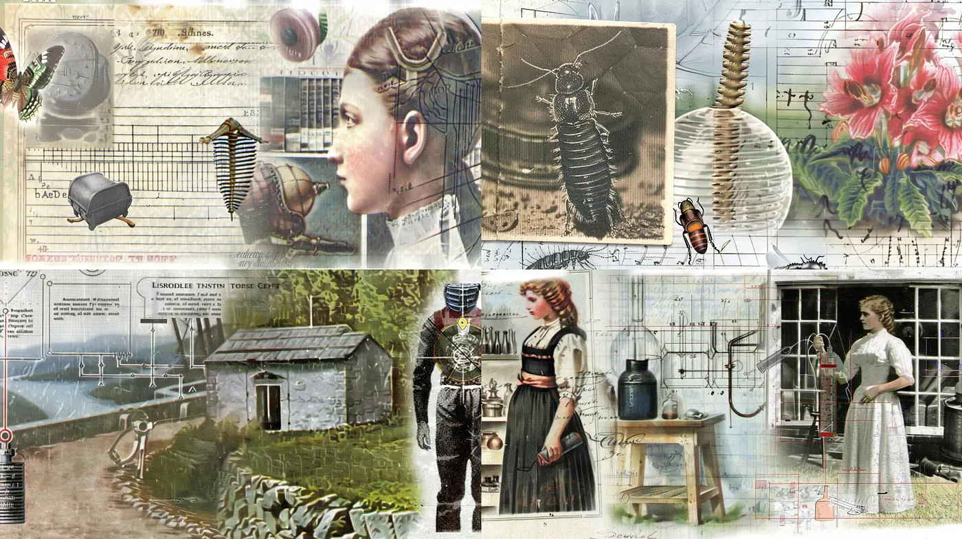 Collage of Nostalgia and Human Elements with Natural and Mechanical Overlays - Midjourney sref style