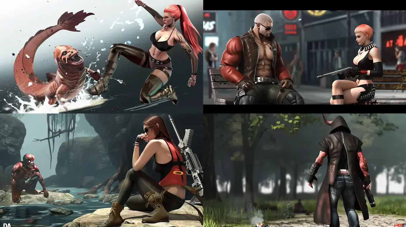 Dynamic and gritty stylistic elements across four images featuring heroic characters in varied environments - Midjourney sref style