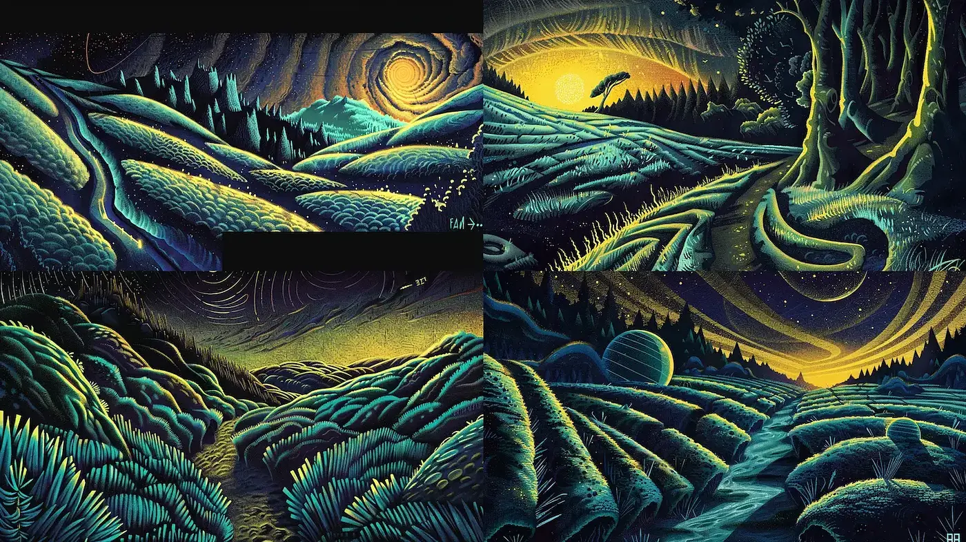 Luminous Dreamscape Nocturnes: A Study in Surrealist Starlight - Midjourney sref style