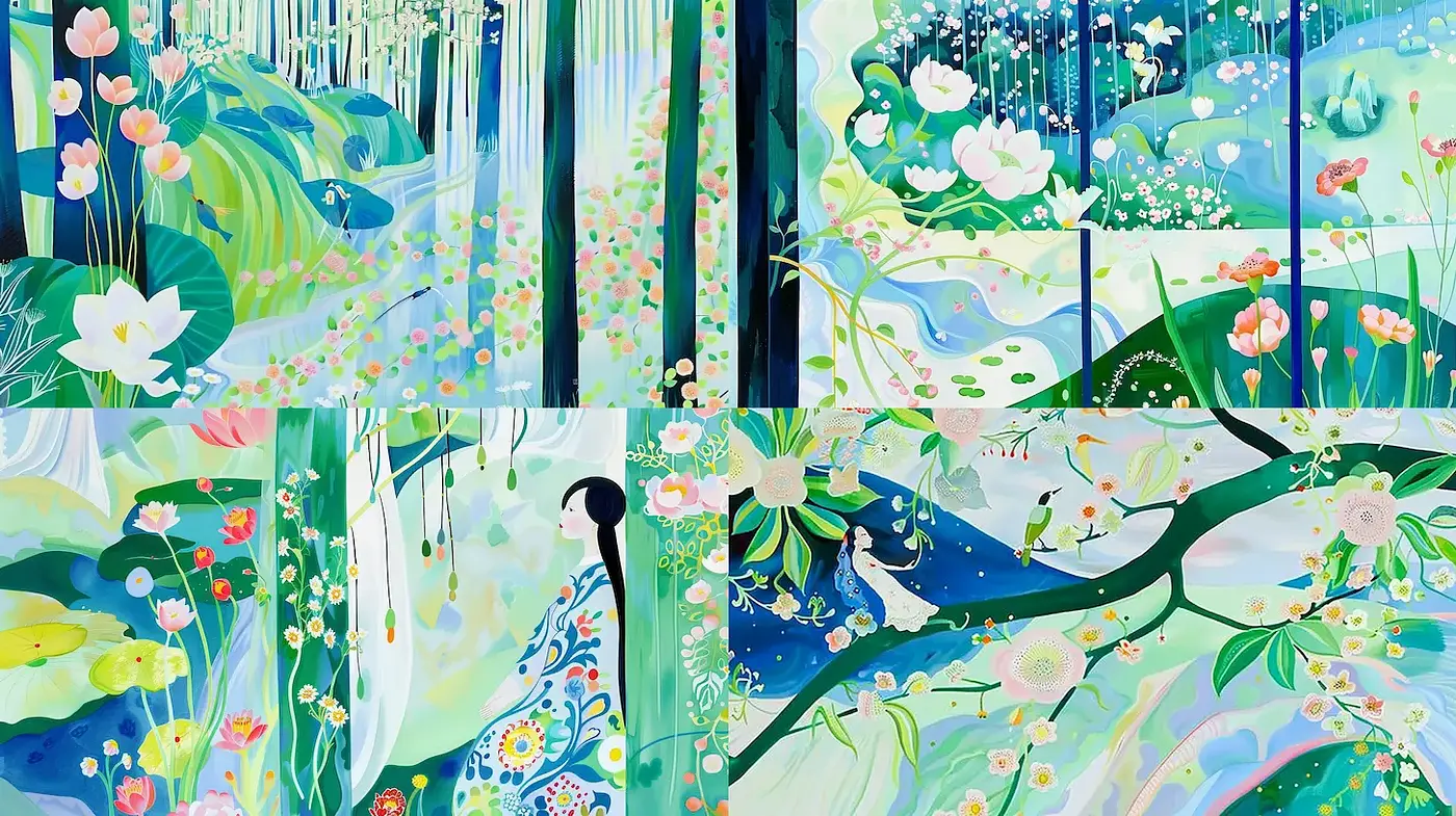 Vibrant and Whimsical Nature Illustrations with a Dreamlike Quality - Midjourney sref style