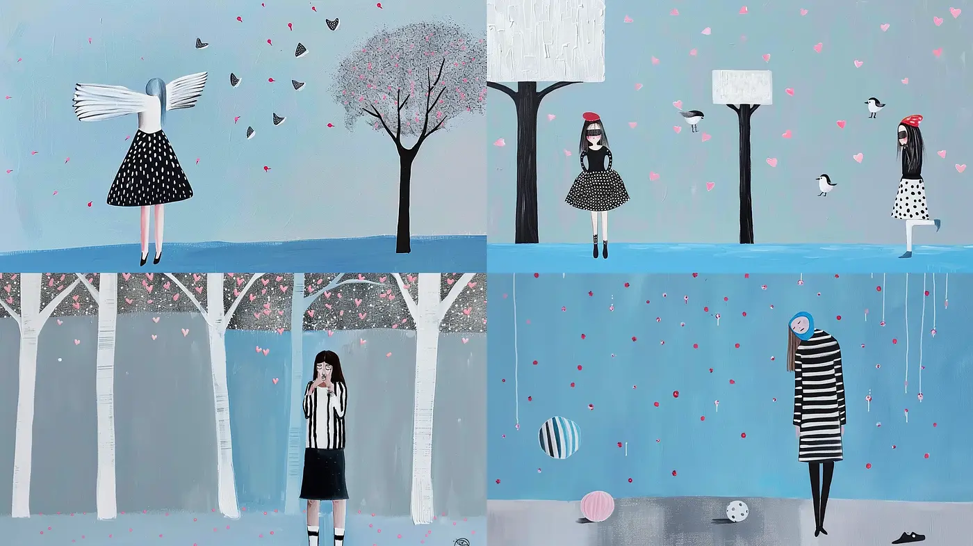Whimsical Serenity in Monochrome and Pastels - Midjourney sref style