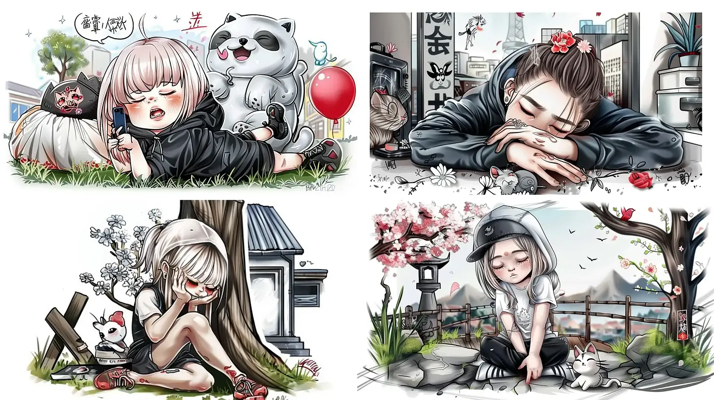 Harmonious Blend of Manga-Inspired Innocence and Urban Serenity - Midjourney sref style