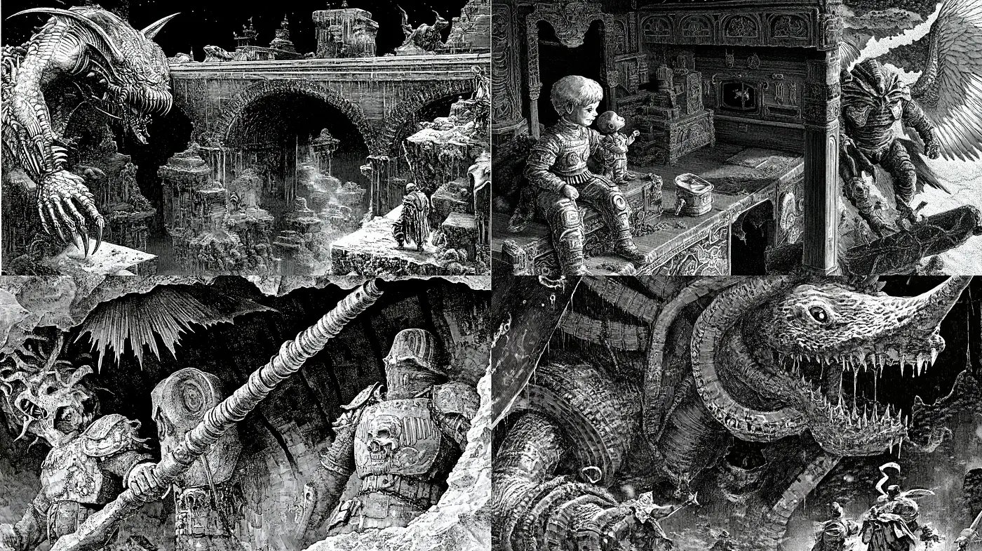 Monochromatic Fantasia: An Exploration of Textured Darkness and Light - Midjourney sref style