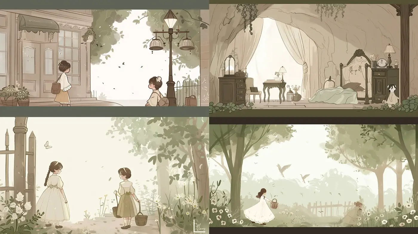 Tranquil Monochromatic Pastoral Scenes with a Touch of Whimsy - Midjourney sref style