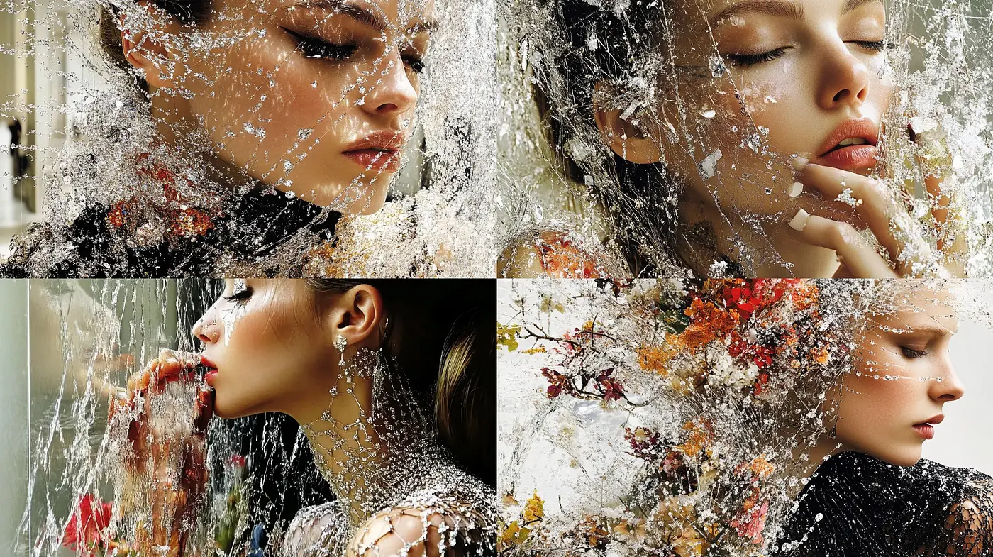 Ethereal Elegance in Fragmented Glass: A Study in Aesthetic Consistency - Midjourney sref style