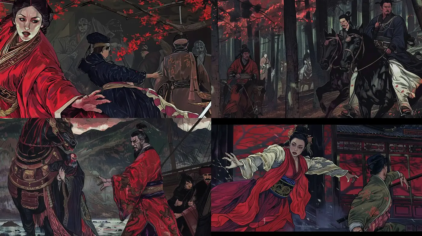 Ethereal Shadows in Red - A Fusion of Ink Wash and Digital Artistry - Midjourney sref style
