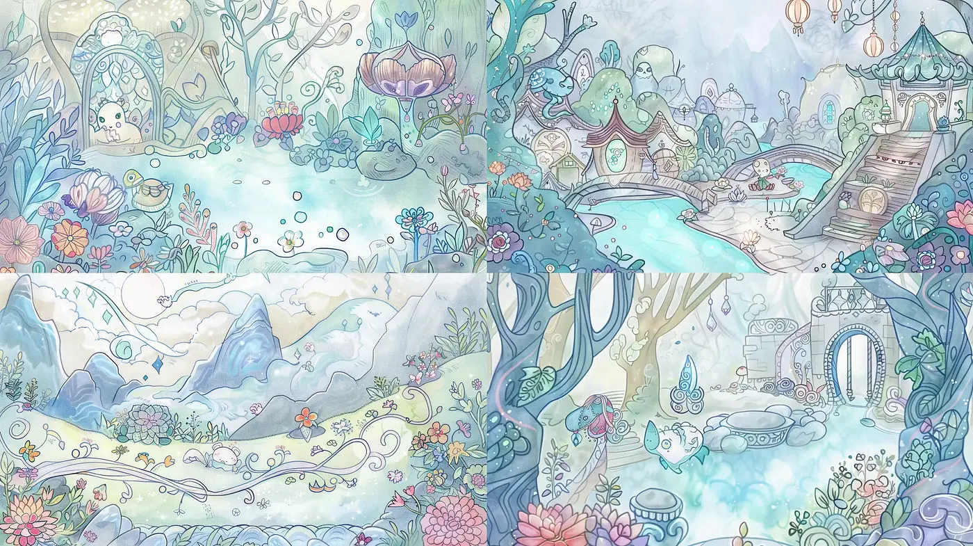 Enchanted Pastel Dreamscape Illustration Series - Midjourney sref style