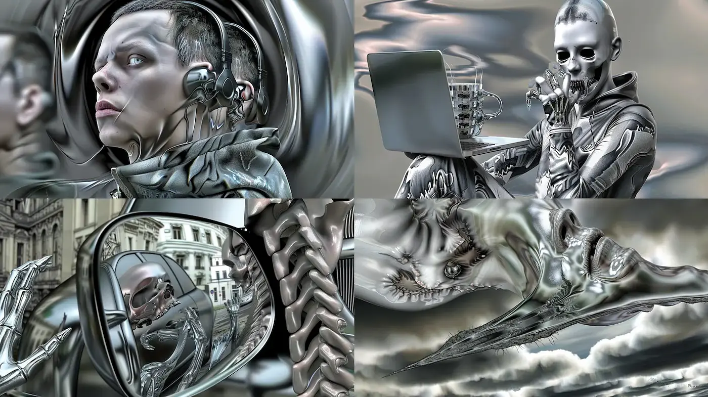 Futuristic and Surreal Mechanized Aesthetics with Reflective Textures - Midjourney sref style