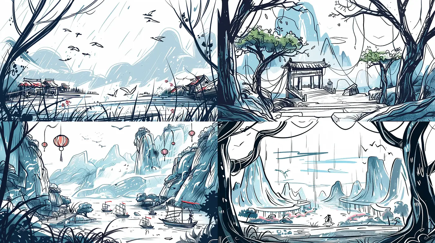 Ink-Washed Dreamscapes: A Consistent Blend of Eastern Ink Techniques and Whimsical Storybook Illustrations - Midjourney sref style