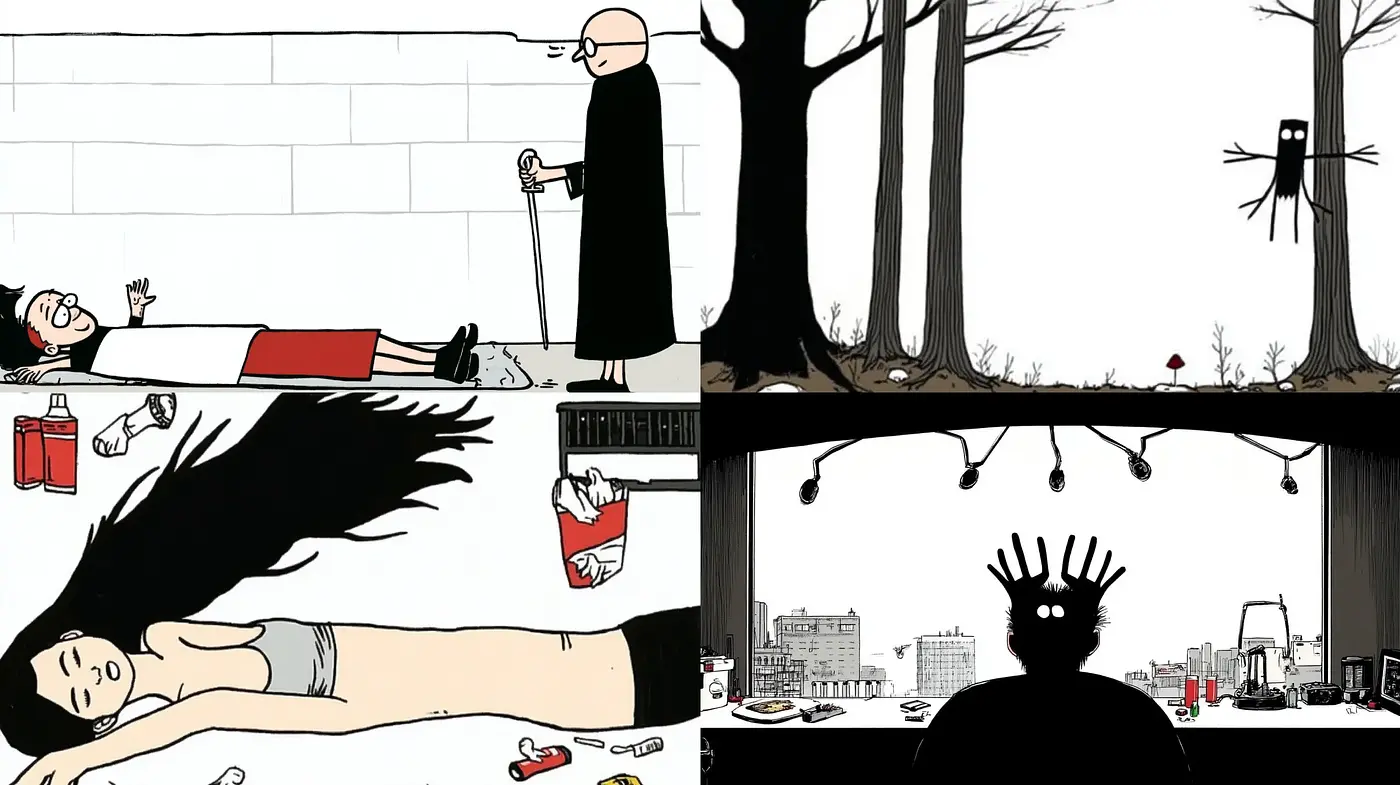 Minimalist Monochromatic Vignettes with a Surreal Twist - Midjourney sref style