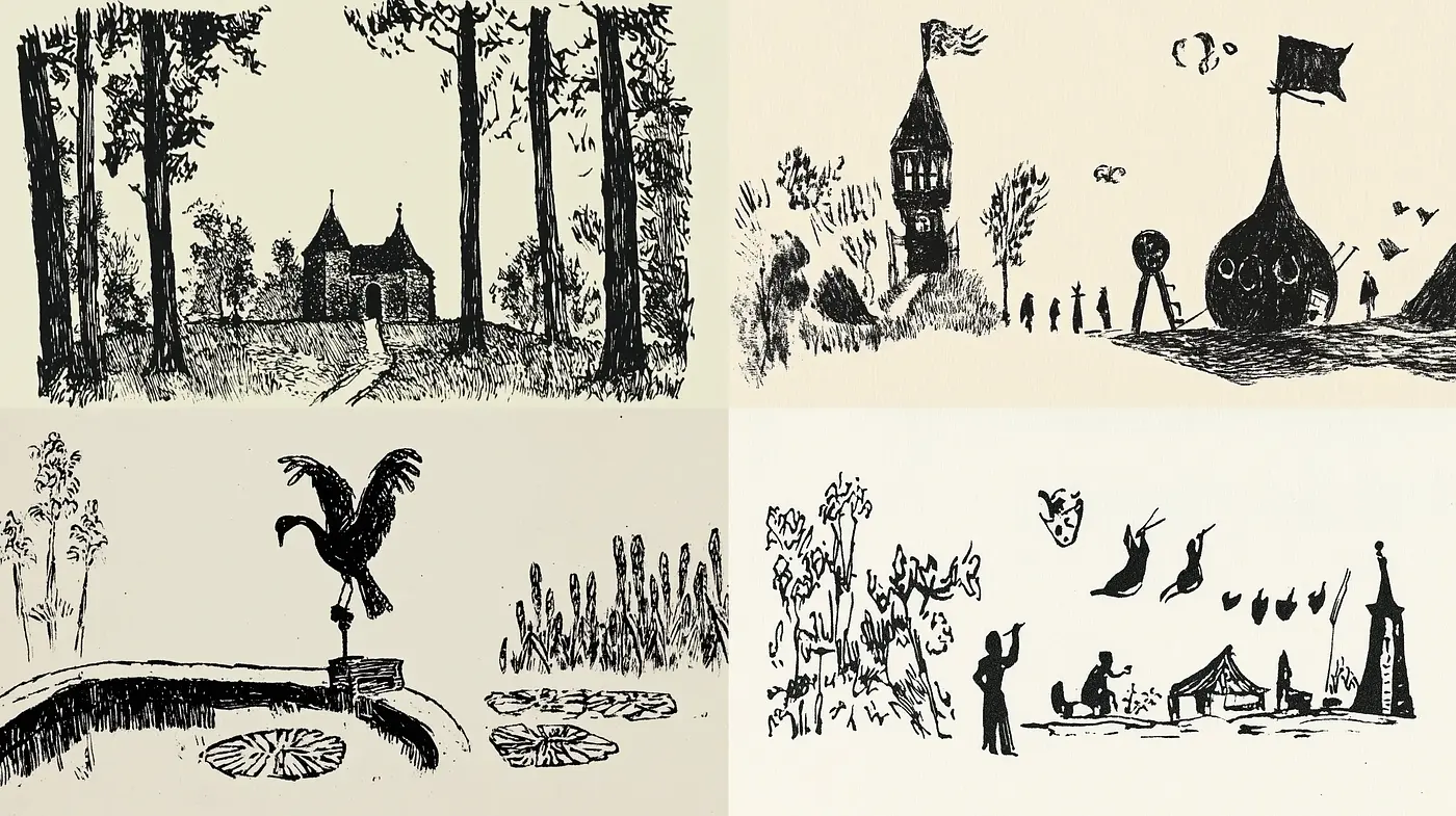 Whimsical Ink Sketches with a Surreal Twist - Midjourney sref style