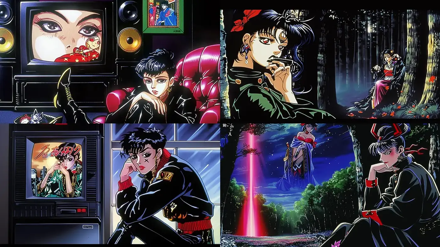 Futuristic Neon Aesthetic with Vintage Influences and Japanese Anime Flair - Midjourney sref style