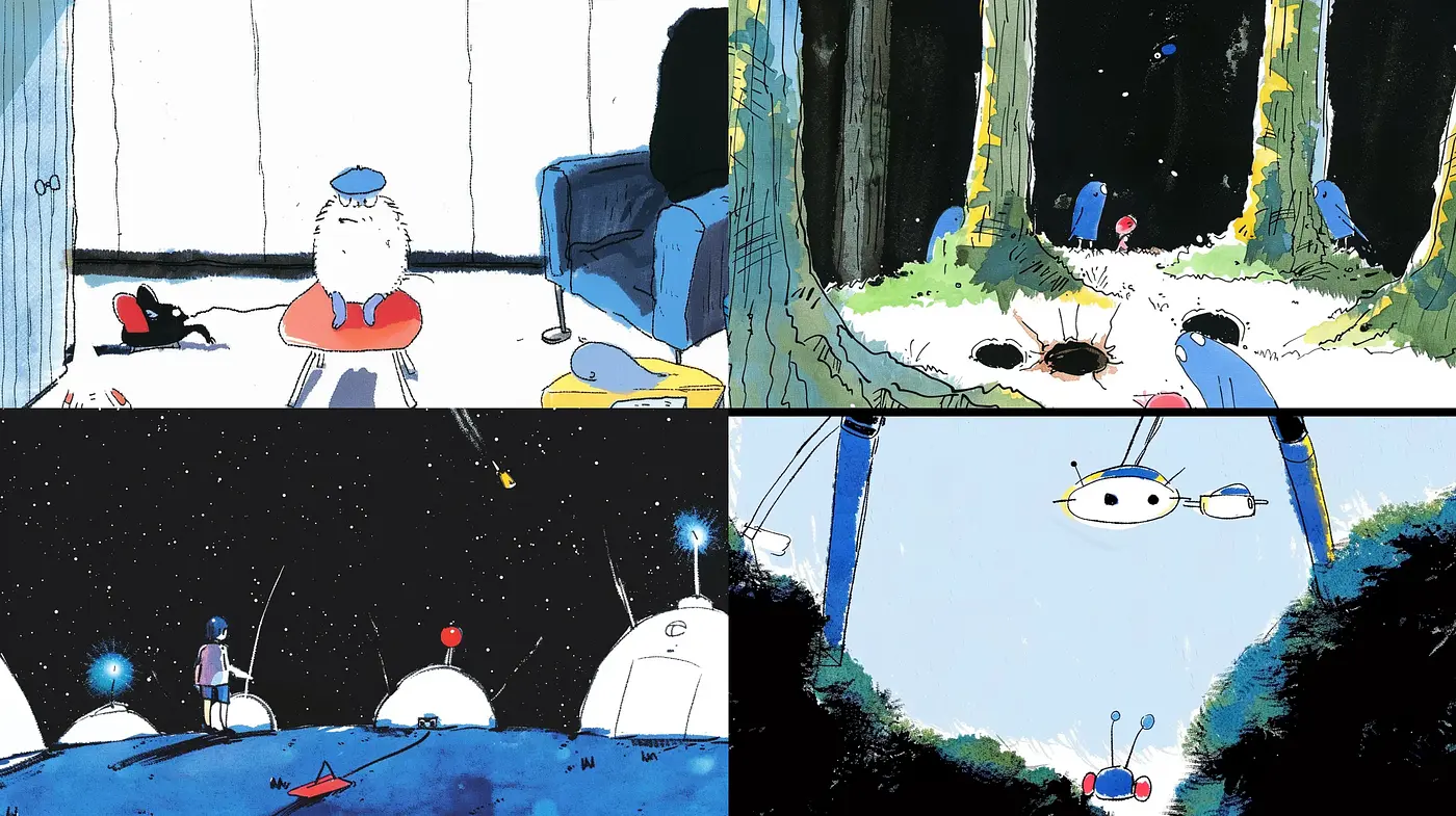 Whimsical Storybook Illustrations with a Blue-toned Enchanted Nighttime Ambience - Midjourney sref style