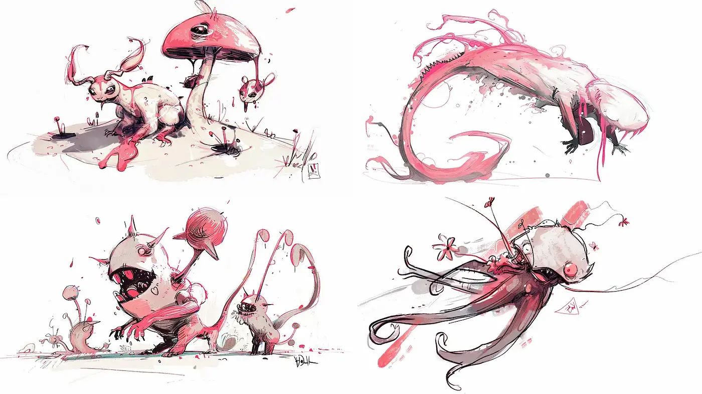 Surreal Whimsical Illustrations with a Playful Yet Eerie Vibe - Midjourney sref style