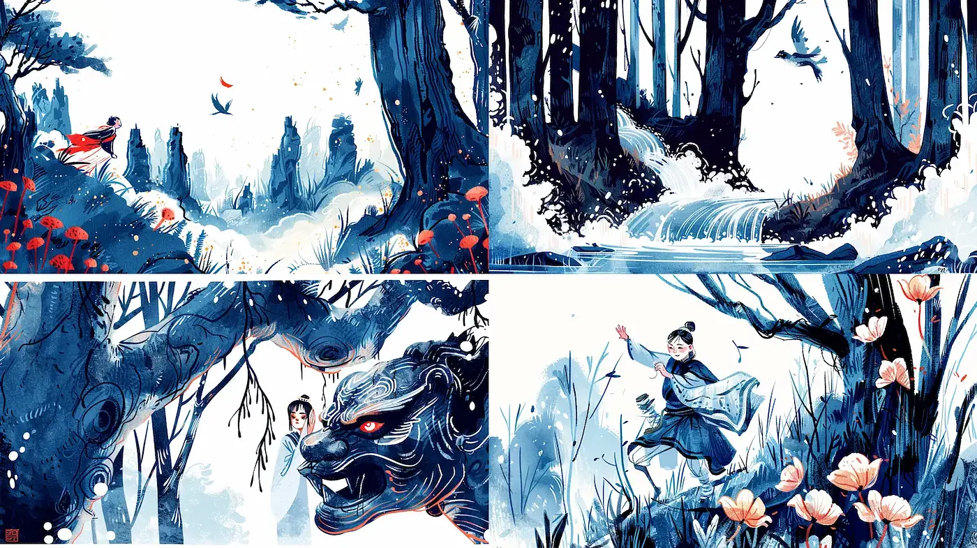 Enchanting Landscapes with Mystical Characters in a Whimsical Style - Midjourney sref style